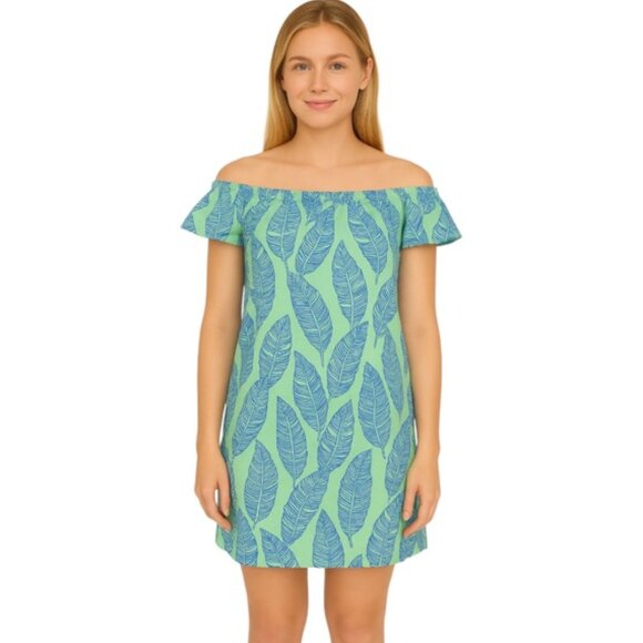 Vineyard Vines Dresses & Skirts - Vineyard Vines XS Green Palm Print On Off Shoulder Cotton Linen Shift Dress